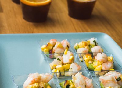 Campos Coffee sampled some Ethiopia cold brew and maple spritz to pair with a shrimp salad, complete with peach corn and avocado.