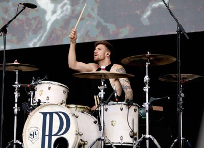 Drummer for PVRIS at Loveloud on stage at USANA Amphitheatre.