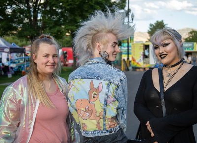 (L-R) Angela Allred, Zane Allred and Samara Finney love Zane’s new jacket from Green Lion Eclectic, which features Bambi scenes painted by co-owner Bruno Sliva.