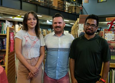 (L–R) Hallie Taylor, Gray, and Willy Palomo help Weller Book Works celebrate 90 years. Taylor and Gray reminisce about poetry readings at Cup ’o Joe 14 years ago. Palomo is the program manager of the Utah Humanities Book Festival, which takes place from Sept. 15–30.
