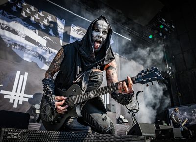 Raging with intensity and furor, opening band Behemoth performs at Thursday night’s Knotfest Roadshow at USANA Amphitheatre.