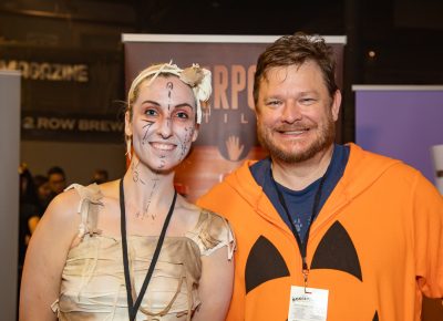 (L–R) Crystal Daniels and Alan Scott work the Waterpocket booth where they combine Robber’s Roost Peach Whiskey with their Pennellen Amaro and apple cider vinegar plus ginger in a cocktail.