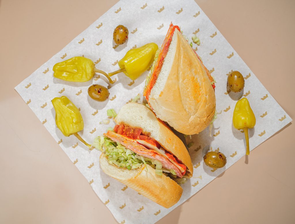 Caputo’s namesake sandwich features prosciutto, mortadella and salami with sidekicks olives and spicy pepperoncini.