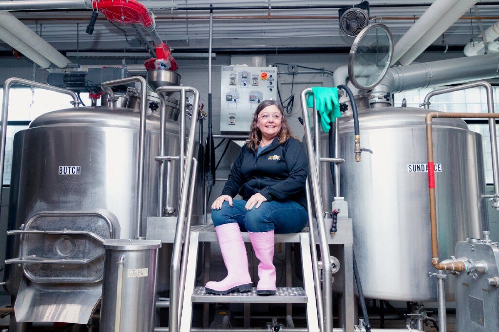 Pink Boots Society member, Krin Riedel, at their brew day at Proper Brewing Co. this past March.