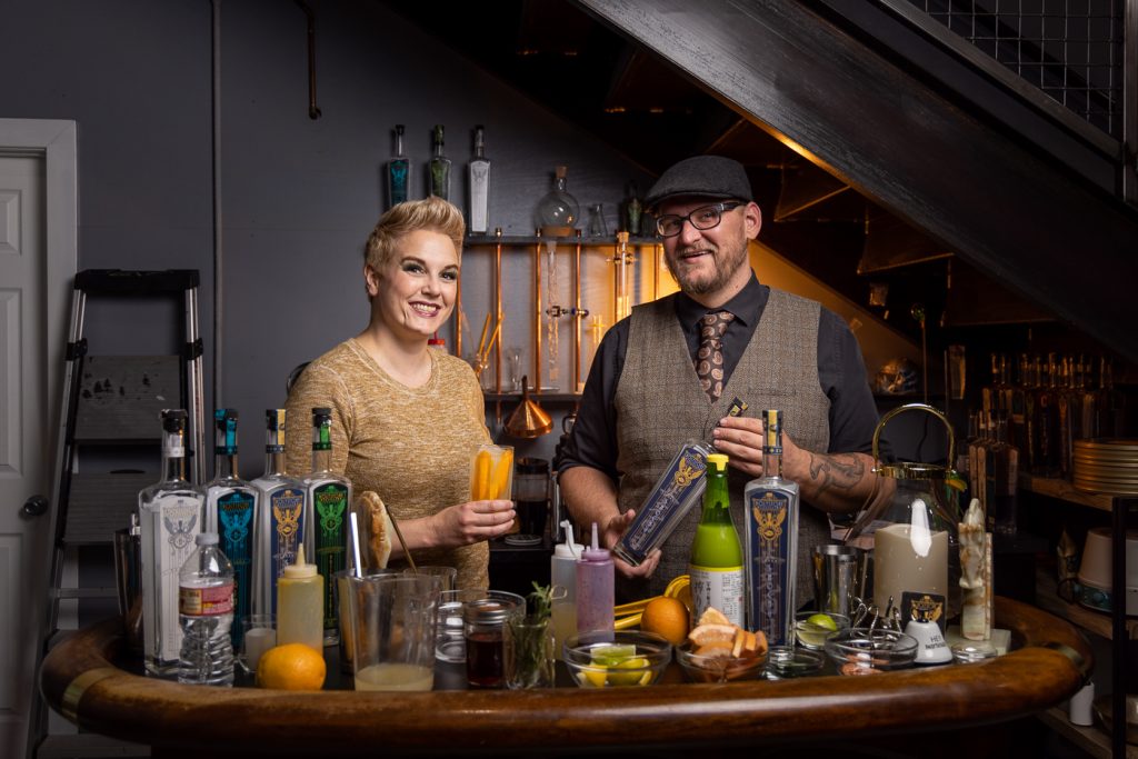 (L–R) Tsunami Beverage Manager and Japanese Sake Adviser Julie Hiatt and Holystone Head Distiller Ethan Miller celebrate each party’s collaborative Tsunami Shochu.