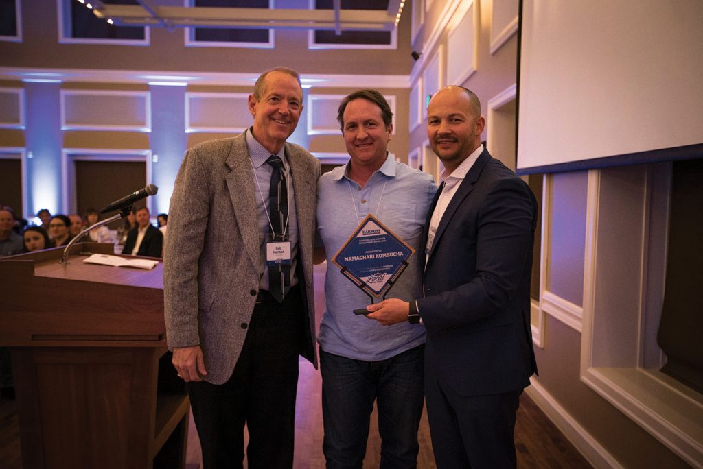 (L–R) Bob Harmon, Ben Phillips from Mamachari Kombucha and Todd Jensen at the 2019 awards ceremony.