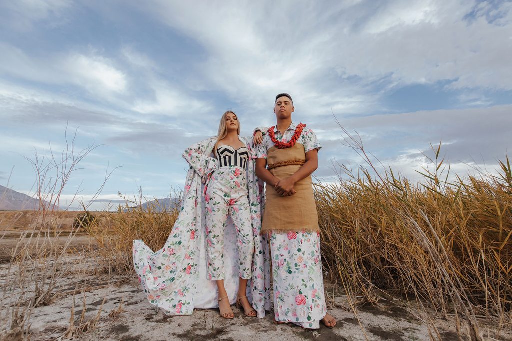 (L–R) Alyssa Bacon and Matthias Perez pose in two floral items designed by Afa Ah Loo. Makeup: @amyjomakeup.
