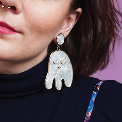 Mirmsy’s ghost resin earrings, released in October of 2020, make for a holiday piece that shine year-round.