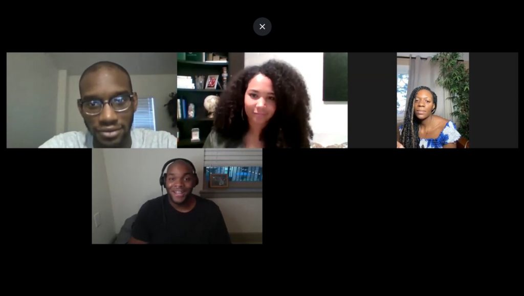 Clockwise, from top left: Dorsey Williams (actor), Shelby Noelle Gist (An Other Theater Company Artistic Director), Incachi Ovuoba (actor) and Alec Powell (Music Director) serve on a panel discussing the topic of Black identity in the theater world.