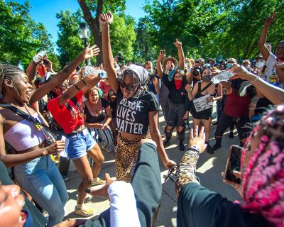 Participants dance during the Black Lives Matter demonstration and Juneteenth celebration at Washington Square in Salt Lake City on Friday, June 19, 2020.