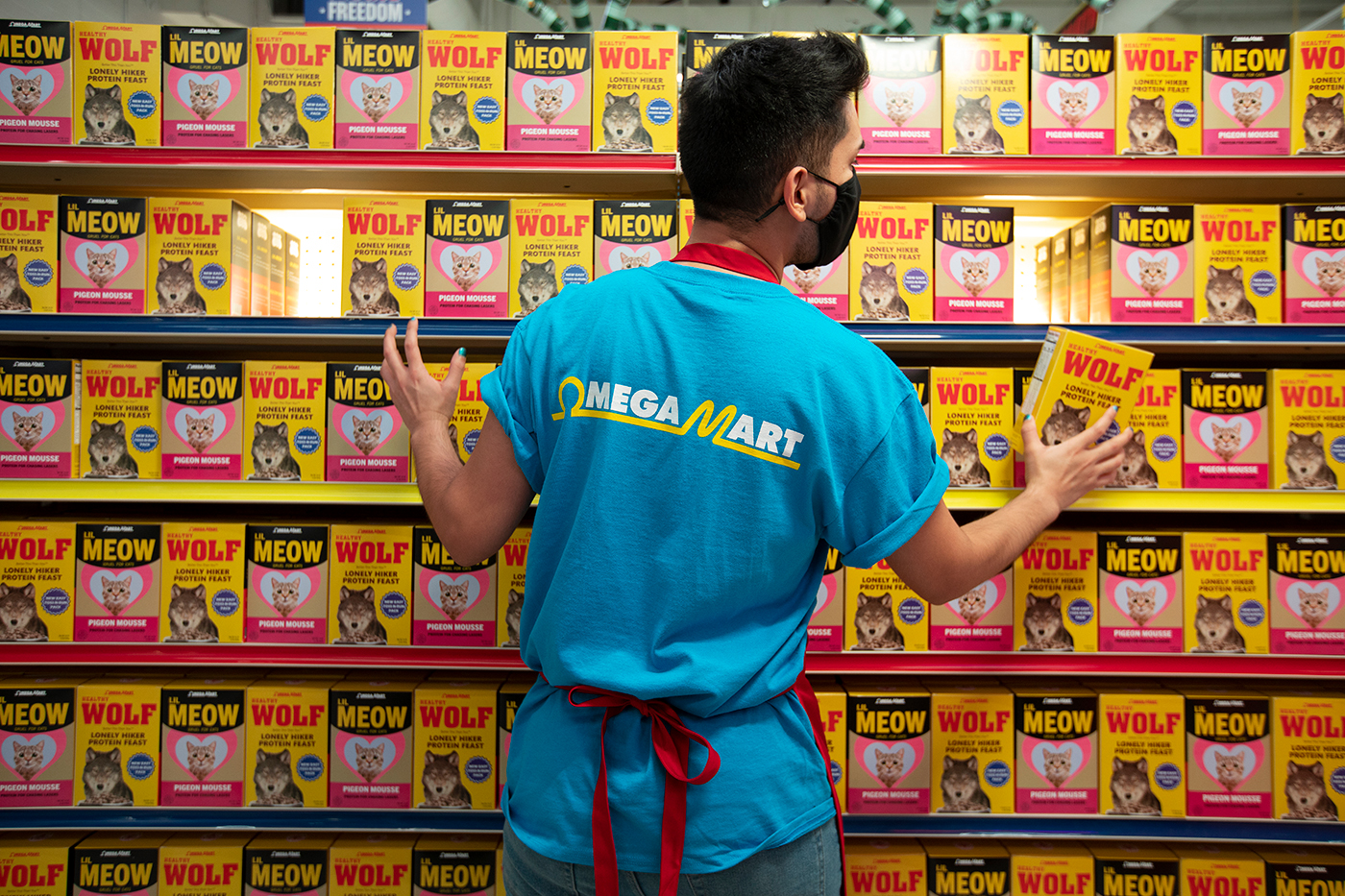 Opening Thursday, February 18th in Las Vegas, Meow Wolf’s Omega Mart is ready to welcome visitors. Pictured here is one of our friendly, informed employees restocking the shelves.