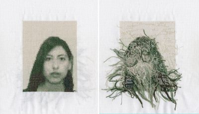 Nancy Rivera, Self-Portrait, Resident Alien (recto and verso), 2020. Embroidery floss, cross-stitch cotton fabric, 4 x 6 in. Image courtesy of the artist. 