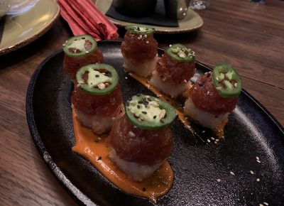 Spicy Tuna Bites are another classic and beautiful Flanker appetizer, with tuna tartare, jalapeños & spicy mayo on crispy rice.