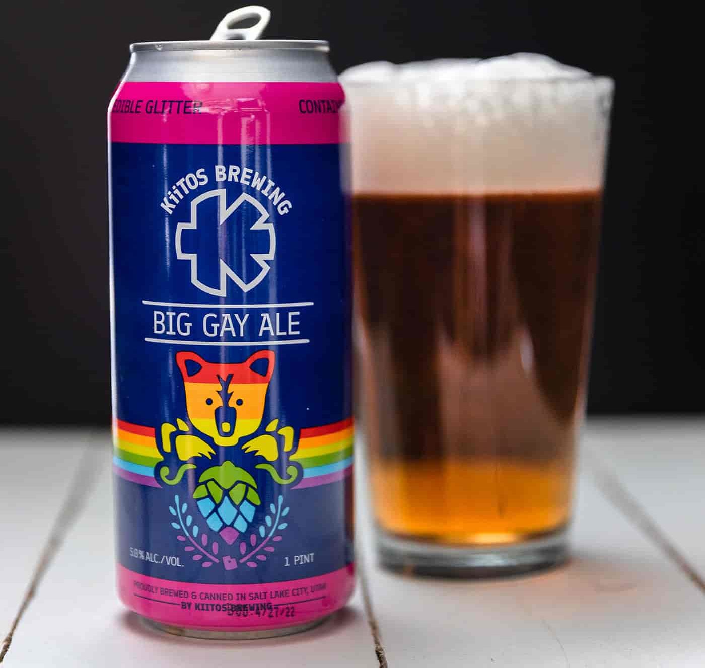 Big Gay Ale is served out of a 16-oz aluminum can (like all of Kiitos’ beers) into a classic, tall pint glass.