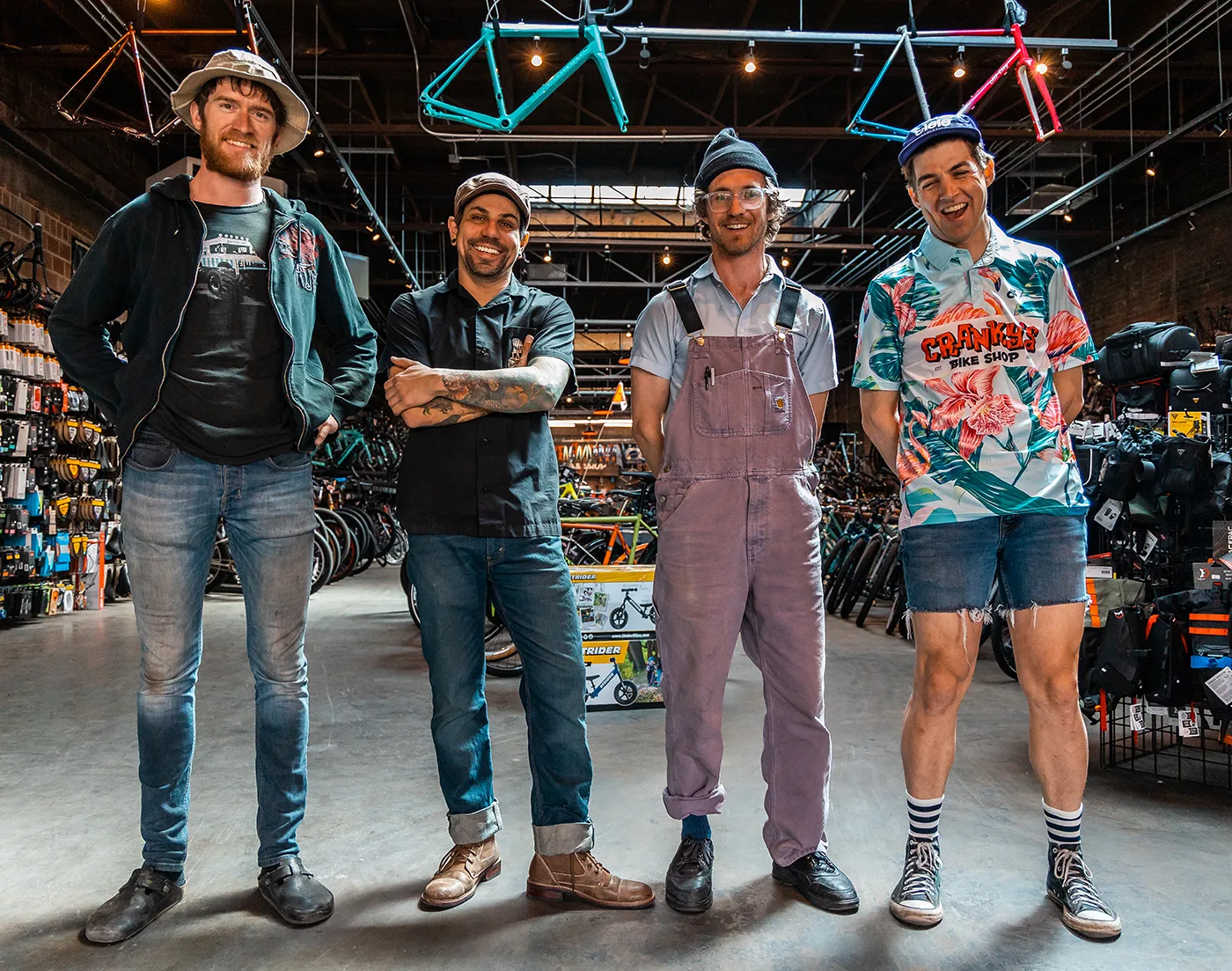 (L–R) Kevin Hall, Owner Cris Pereira, Ethan Robinson and Shop Manager Luke Autry of Cranky’s Bike Shop.
