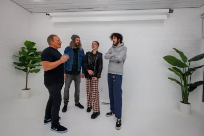 (L–R) Mike Boyle, Jonathan Lundahl, Genevieve Boyle and Antonio Gomez check out the photo studio at Space & Faders. Mike met Thorpe 15 years ago at Piper Down, and he helped Thorpe with drywall and painting.