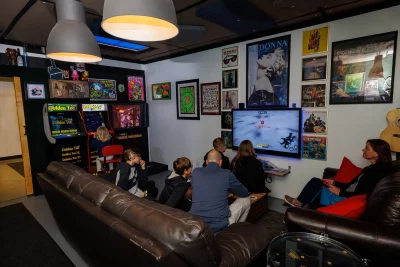 In addition to a kitchen, there’s a game room where musicians can relax during rehearsals.