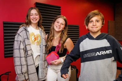 (L–R) Thorpe’s rehearsal rooms make for great TikTok set, too. Nikki, Alexandra and Milo are recording “a popular dance that everybody’s doing right now,” said Nikki.