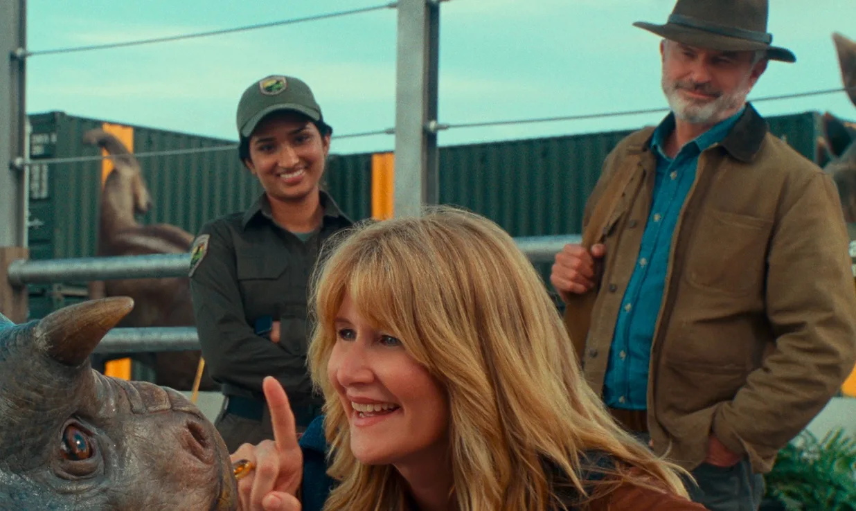 Still of Laura Dern, Sam Neill, and Varada Sethu in Jurassic World Dominion