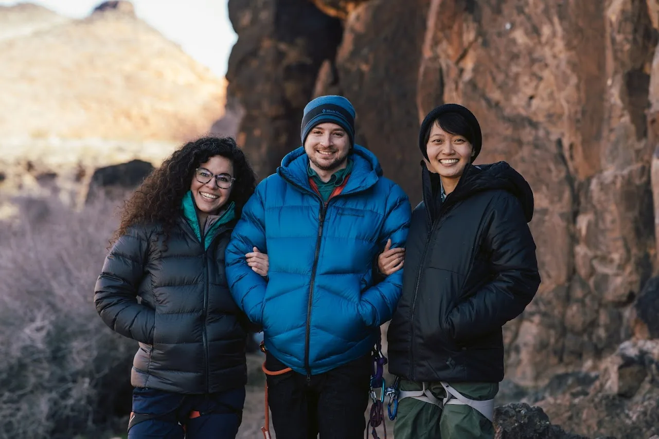 (L–R) Salt Lake Area Queer Climbers Co-organizers Leandra Hernández, Matt Kastellec and Rue Zheng.