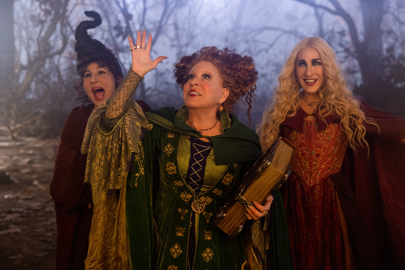 Kathy Najimy as Mary Sanderson, Bette Midler as Winifred Sanderson, and Sarah Jessica Parker as Sarah Sanderson in Disney's live-action Hocus Pocus 2.