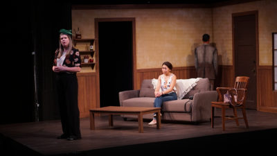 Still of three cast members in costume from Salt Lake Acting Company's play, Sleeping Giant.