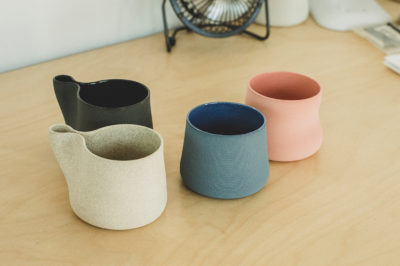 Stylish and modern “Love Handle” mugs are digitally designed and 3D printed with clay by Matt Sutton at his studio, madexbinary.