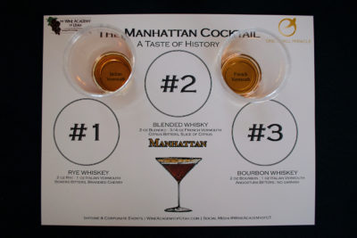 A labeled placement indicates there will be three different versions of the Manhattan served, as well as two samples of Italian and French vermouth. Photo: Lexi Kiedaisch