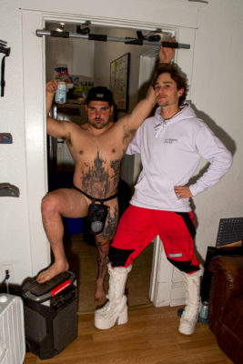 (L–R): Mark Cook and Blaine Thompson model Skiing Fucks apparel. (Photo: Jovvany Villalobos)