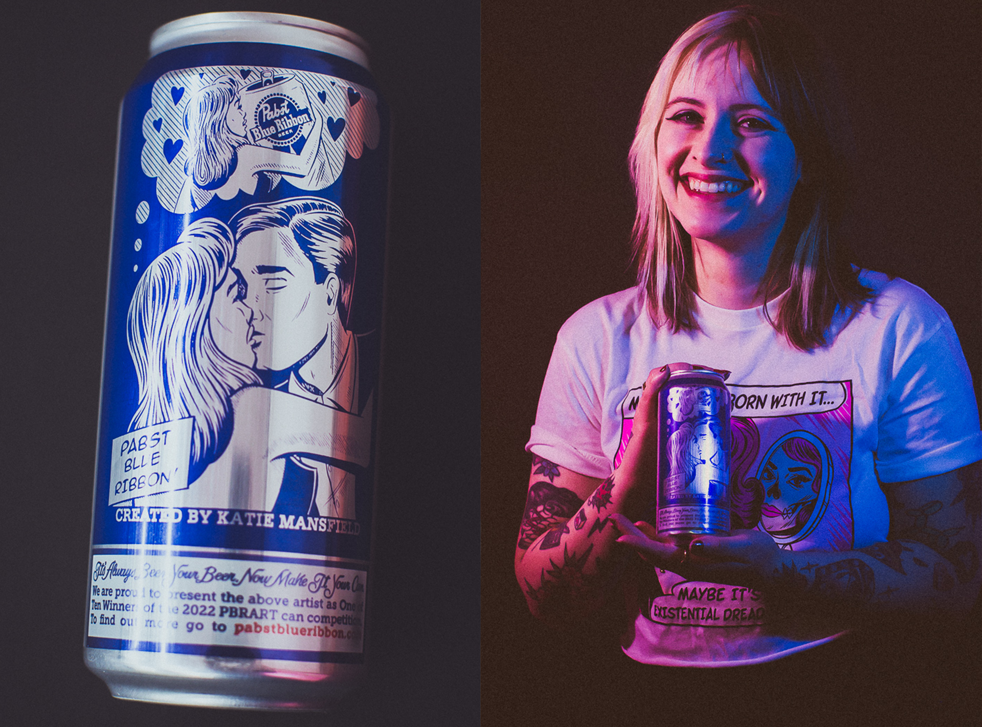 Katie Mansfield's relatable design for the Pabst Blue Ribbon 2022 Art Can Contest depicts a lover locked in a kiss, wishing they were drinking a PBR instead.