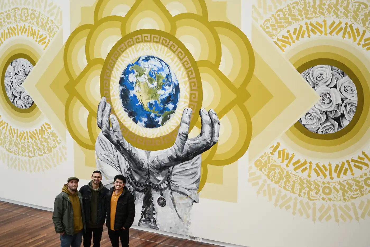 Showcased in UMFA (pictured), Roots Art Kollective muralist trio of (L–R) Miguel Galaz, Luis Novoa and Alan Ochoa hopes their murals inspire youth to dream big.