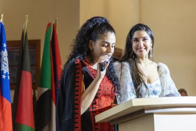 L–R: Nora Abu-Dan and Satin Tashnizi from The Emerald Project emceed the 13th Annual Women of the World Annual Fashion Show and Cultural Gala. Photo: John Barkiple