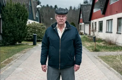 A British man stands in the middle of a gated community road. He looks grumpy. 