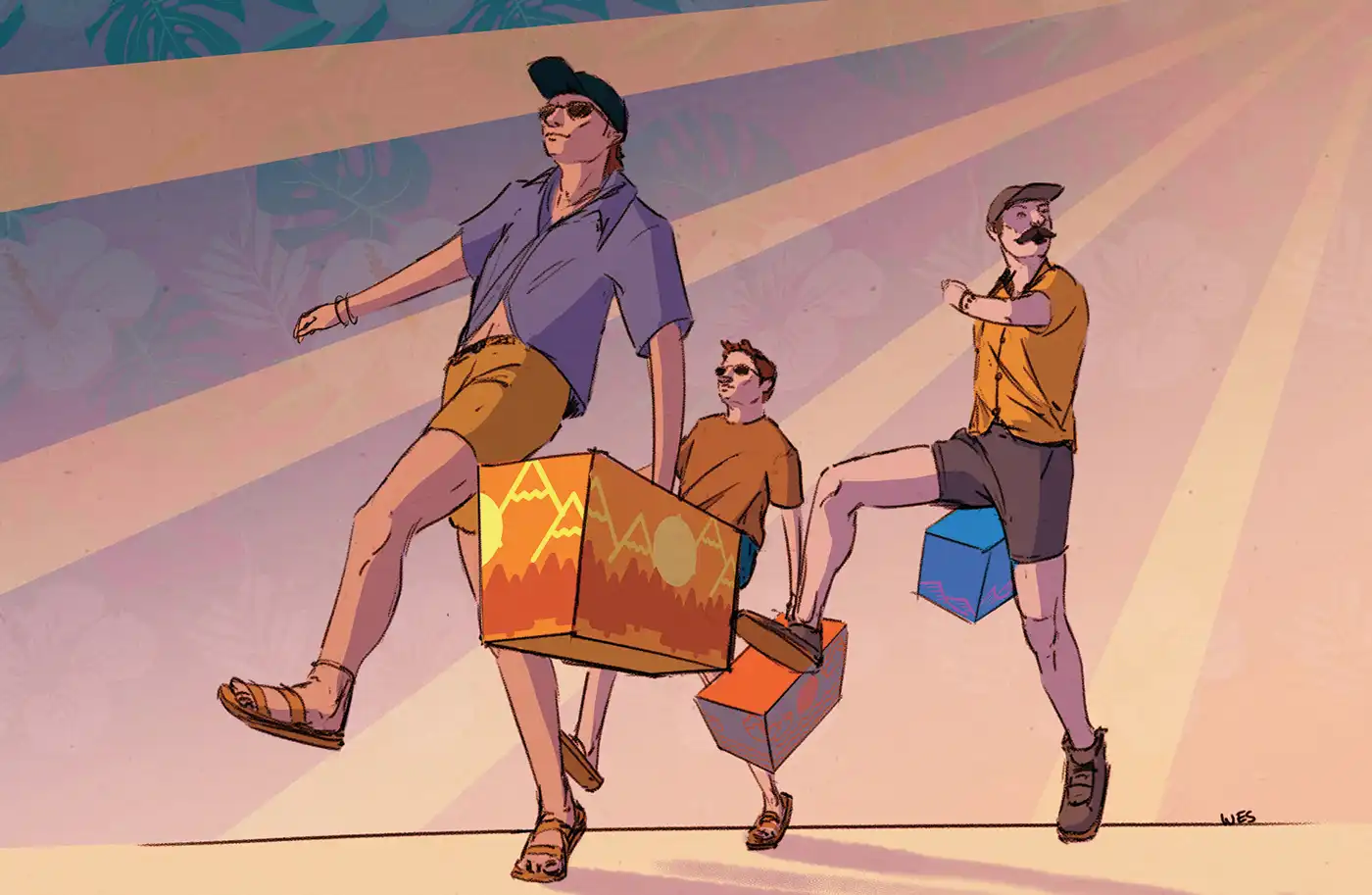An illustration of three people marching forward with boxes of beer in tow. Illustration: Wes Wood