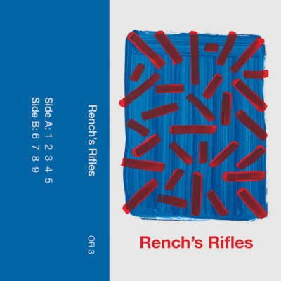 Rench's Rifles album artwork is the inverse of RaRaFre+Am's, with red paintbrush strokes contained in a blue square on a white background. Photo courtesy of On Repeat Recordings.