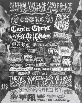 Black and white concert flyer for General Violence Conference.