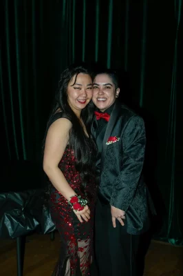 Cequinne Sky and Rose Lopez showing off their matching corsage and boutonniere. Photo: Em Behringer