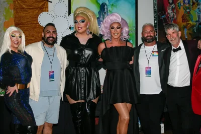 Zoe Zigman Stephens, GSP, Gio Bianca Stephens, Eva Chanel Stephens, Jonathan Foulk, Ben Carr, and Mike Iwasaki early in the night before bringing down the house on stage. Photo: Em Behringer