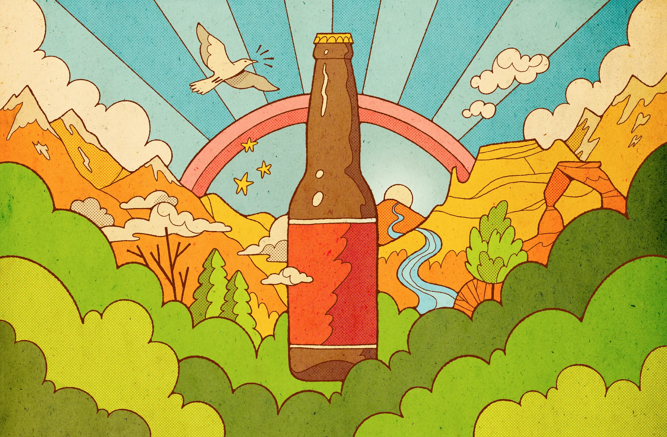 An illustration of a large beer in front of a lush valley with rainbow in the background.