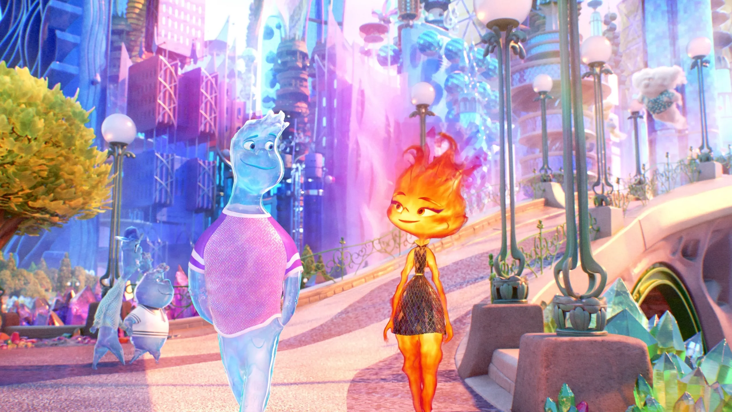 In a fantastical animated world, a fire person and a water person walk side by side, looking coyly at each other.