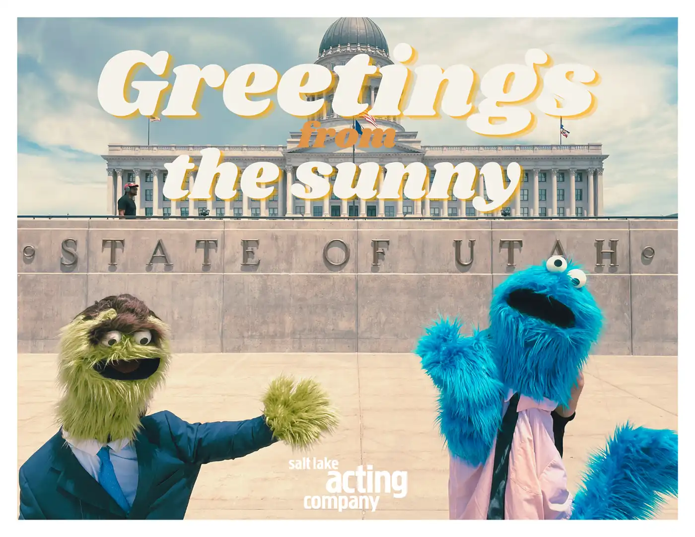 Puppets from SLAC's A Beautiful Day in the Neighborhood pose in a postcard image as part of the show's promotion.