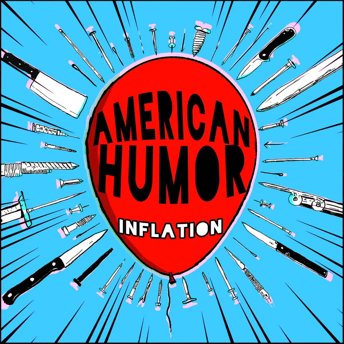 Album art for Inflation features a big red balloon against a blue background, surrounded on all sides by sharp objects.