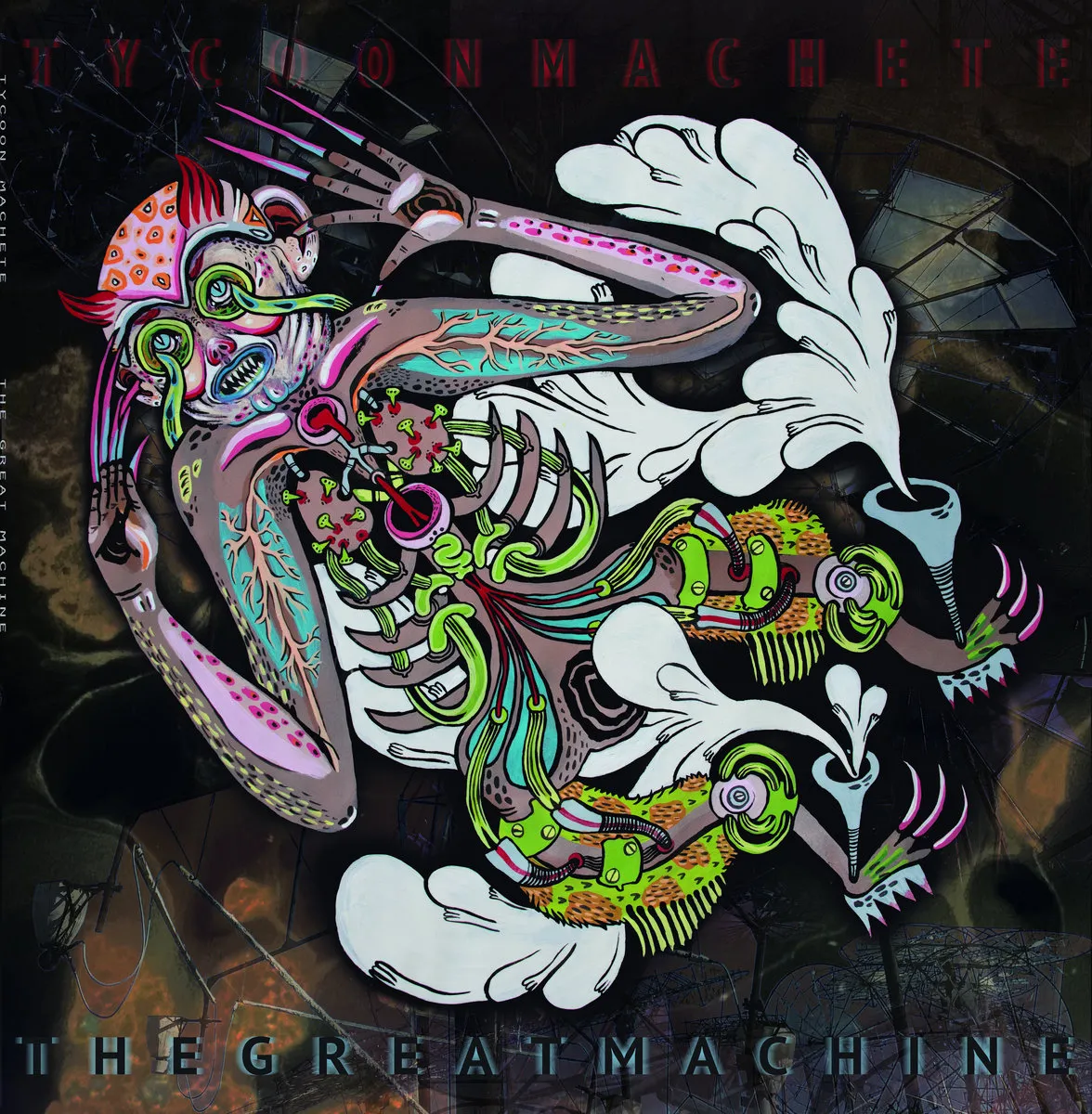 Album art for "The Great Machine" is a vivid, stylized anatomic illustration of a mysterious creature.