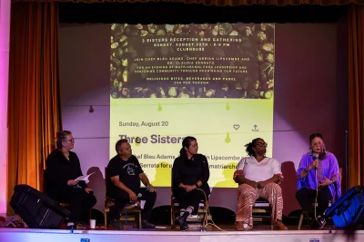 Chef Bleu Adams, Chef Adrian Lipscombe and Dr. Claudia Serrato answer questions at the onstage Q&A.