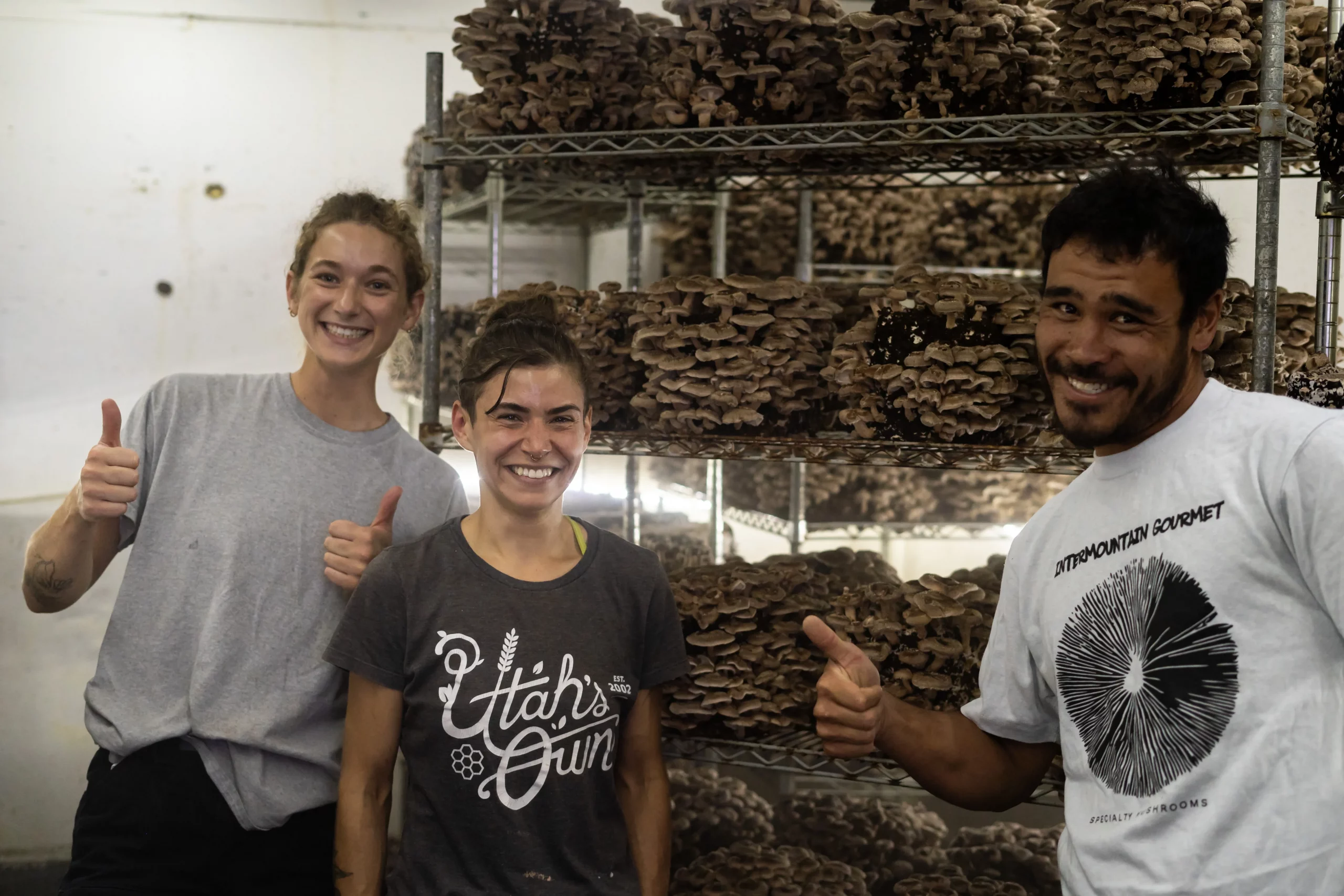 Adam Wong and his employees at Intermountain Gourmet Mushrooms pose in front of a large shelf of fungi.