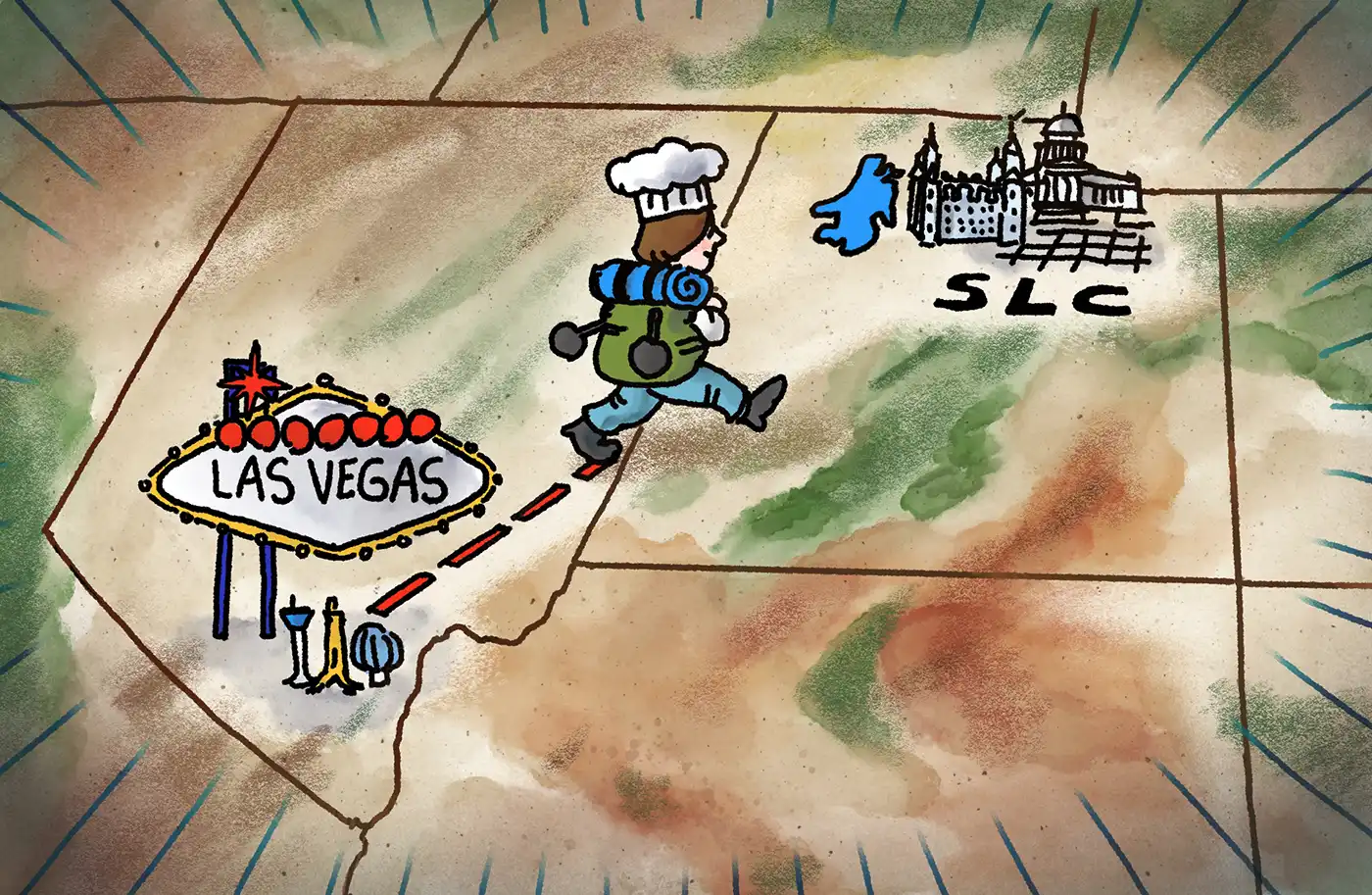 illustration of a chef moving from las vegas to salt lake city on a map
