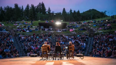 A shot of Bluebird Cafe Concert Series from behind the performers looking out onto the crowd. Photo courtesy of Sundance Resort