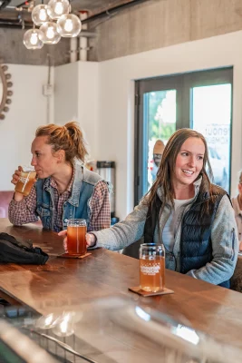 Two people sitting at a bar, drinking kombucha.