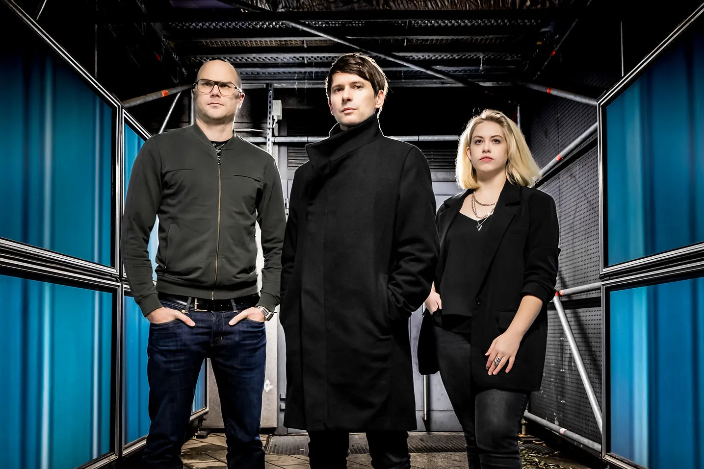 (L–R) Live drummer David Leisser, singer-songwriter Isaac Howlett and live keyboard player Nadine Green of Empathy Test. Not pictured: composer/producer Adam Relf. Photo courtesy of Empathy Test.