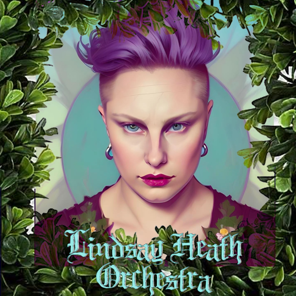 Image of Lindsay Heath with purple hair surrounded by foliage